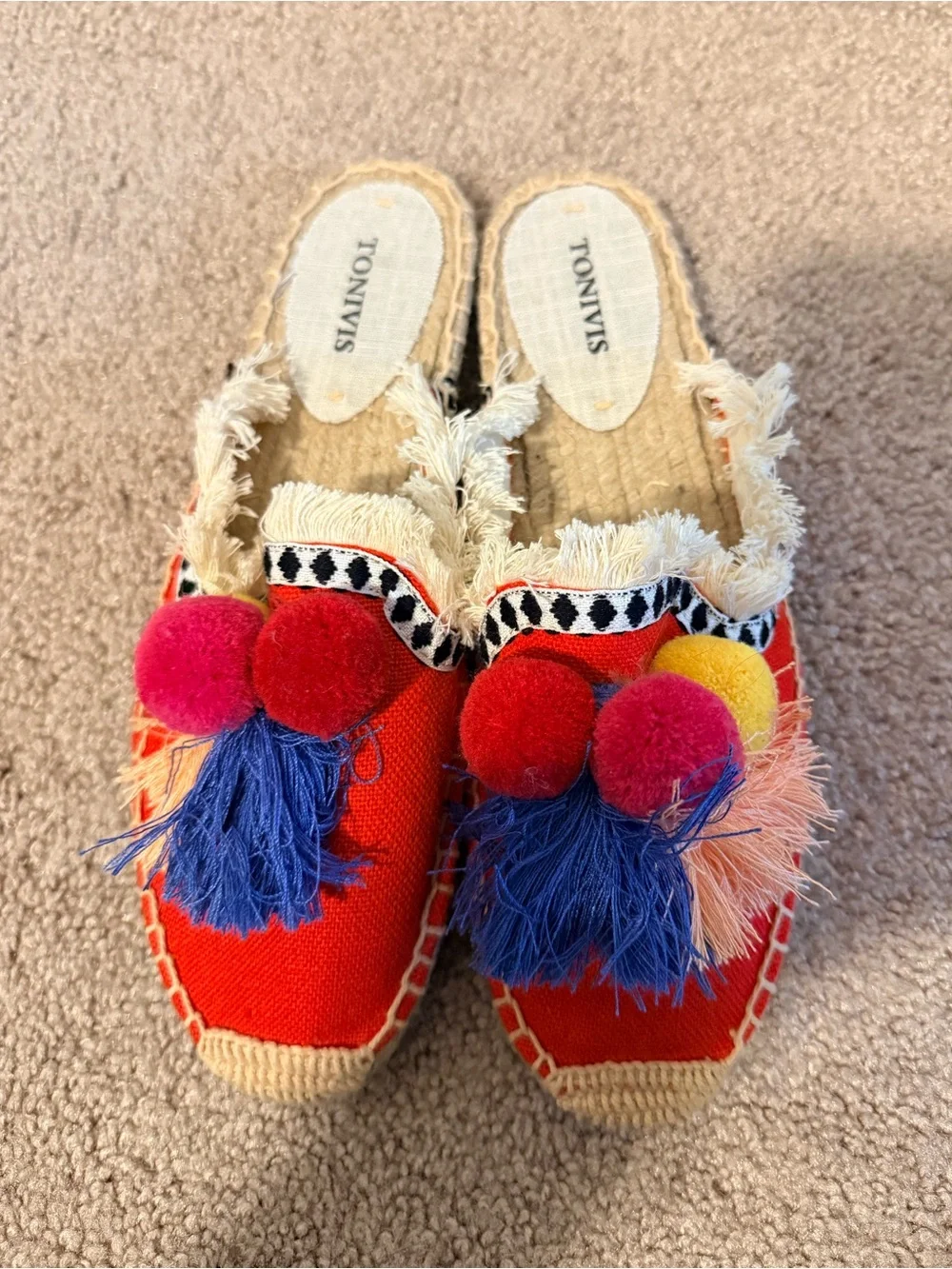 TONIVIS Boho Pom Pom Tassel Espadrille Mule Slides Size 9